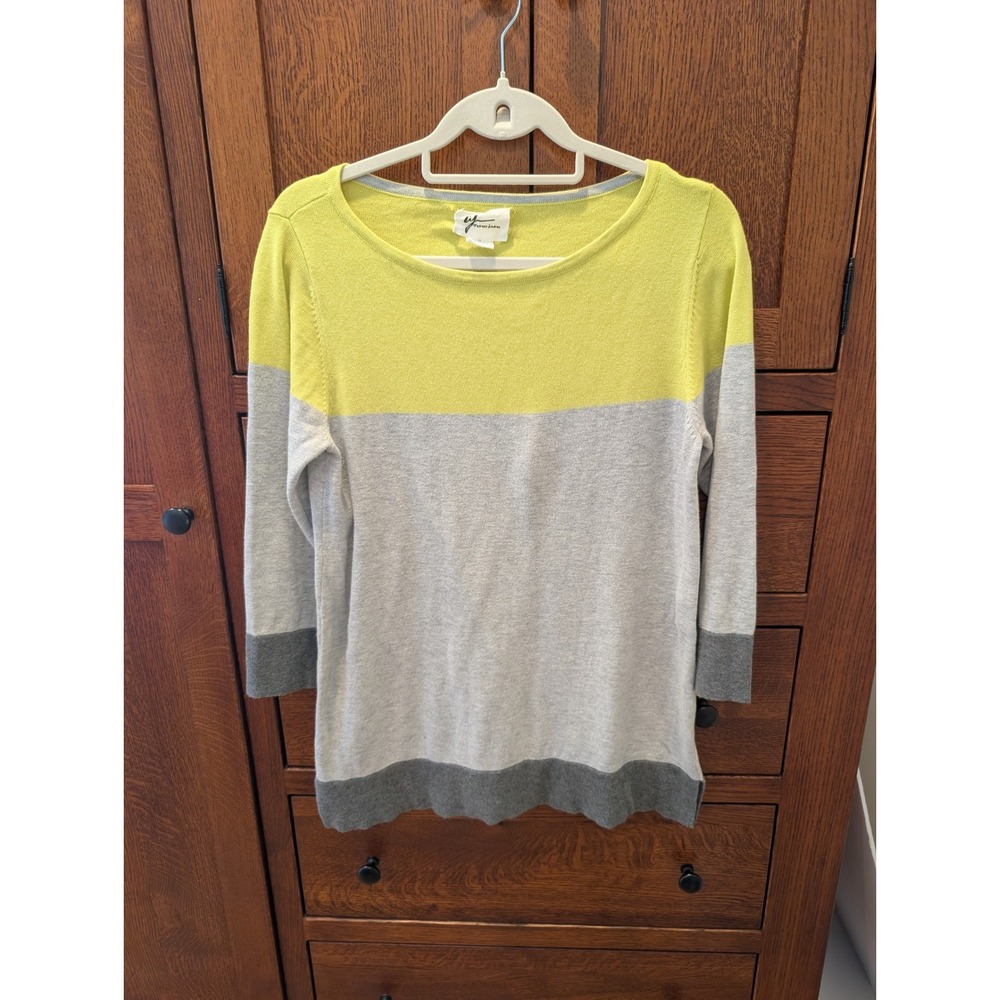 Andrea Jovine Sweater 3/4 Sleeve Knit Grey Lime Yellow Colorblock Medium